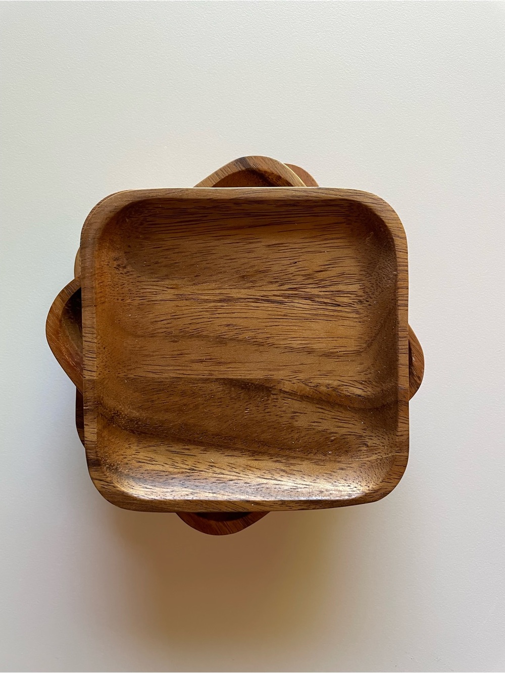 Vintage Thailand Handcrafted Wooden Brown Square Shallow Trinket Trays Set of 4